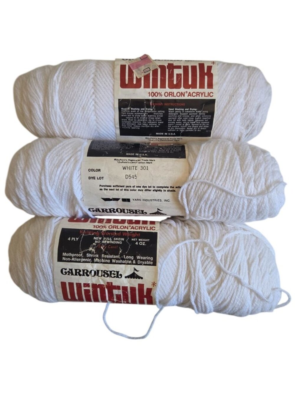 Vtg Wintuk Bundle 100% Orlon Acrylic Yarn White 4-Ply Worsted Weight 4 Oz Skeins